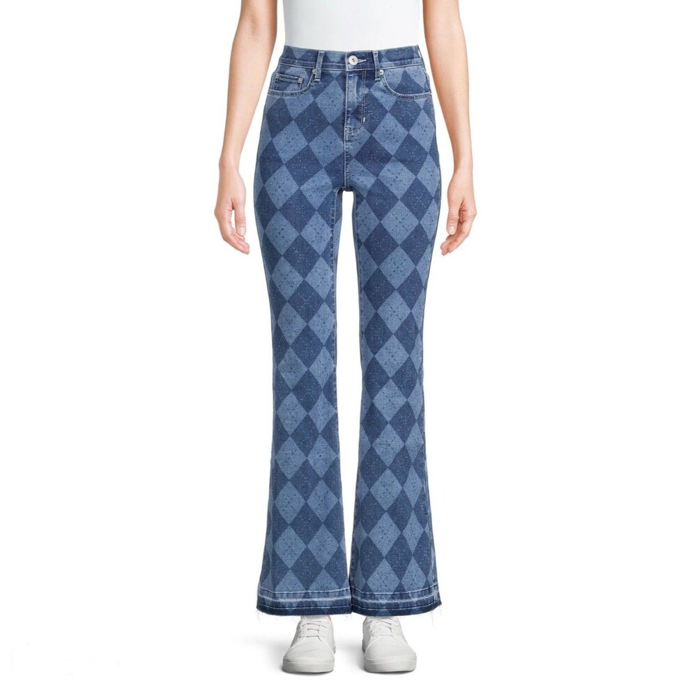 No Boundaries Argyle Diamond Print Jeans Women’s Sz 7 Flare Raw Hem Y2K